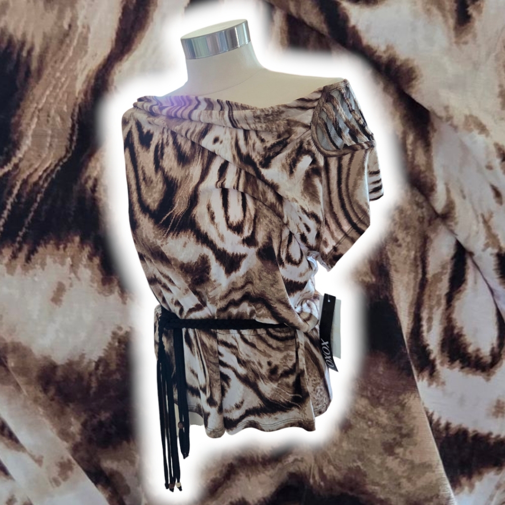 XOXO Brown Animal Print Blouse with Black Belt